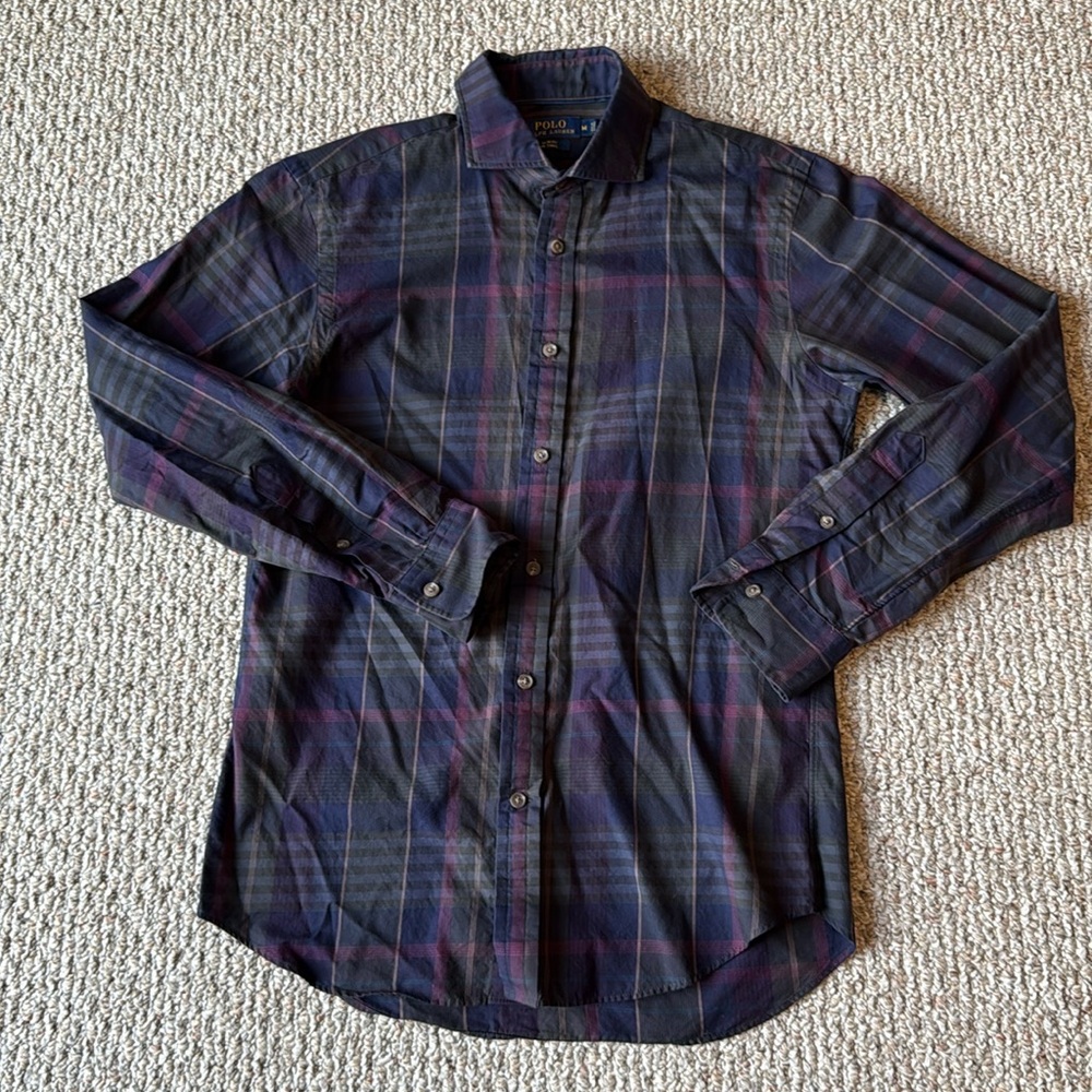 Polo button down long sleeve purple green tan size medium